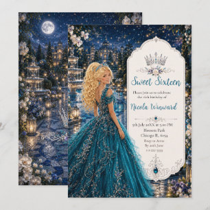 Teal Blue Sweet 16 Princess Garden Invitation