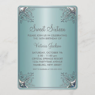 Teal Blue Sweet Sixteen Birthday Party Invitation