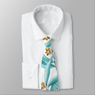 Teal blue tan watercolor foliage summer pattern tie
