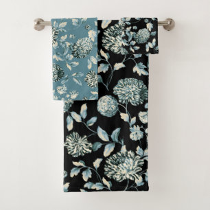 Teal Blue Tansy Modern Vintage Floral Toile Black Bath Towel Set