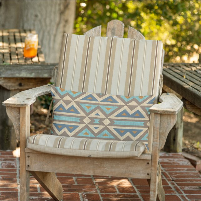 Teal Blue Terracotta Orange Taupe Brown Tribal Art Lumbar Pillow (Chair)