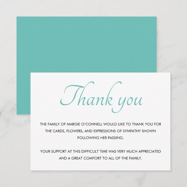 Teal Blue Thank You Funeral Memorial Service  (Front/Back)