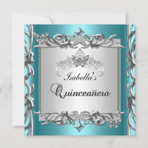 Teal Blue Tiara Quinceanera 15th Birthday Invitation