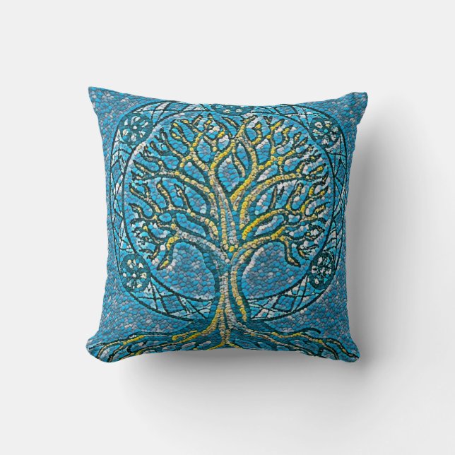 Teal Blue Tree of Life Throw Pillow (Front)