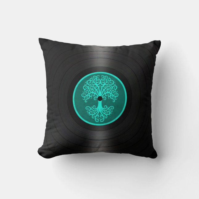 Teal Blue Tree of Life Vinyl Record Graphic Throw Pillow (Front)