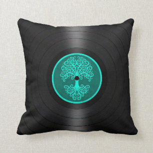 Teal Blue Tree of Life Vinyl Record Graphic Throw Pillow