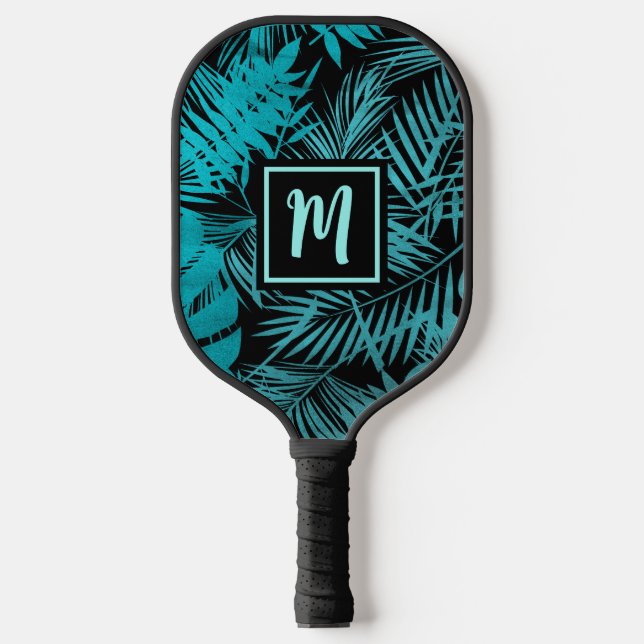 Teal Blue Tropical Monogram Palm Leaf Bold Modern Pickleball Paddle (Front)