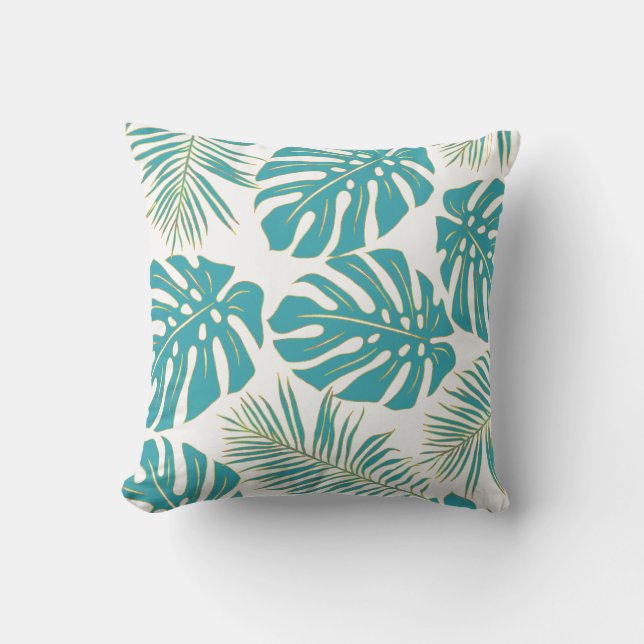 Teal blue tropical monstera leaves pattern outdoor pillow (Front)