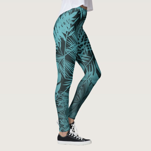 Teal blue tropical palm leaf botanical pattern fun leggings (Right)