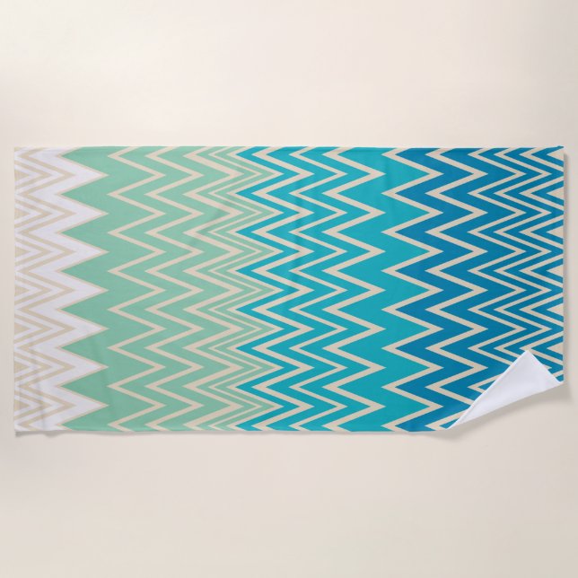 Teal Blue, turquoise and Green Zigzags   Beach Towel (Front)