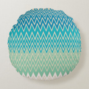 Teal Blue, turquoise and Green Zigzags Round Pillow