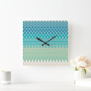 Teal Blue, turquoise and Green Zigzags   Square Wall Clock