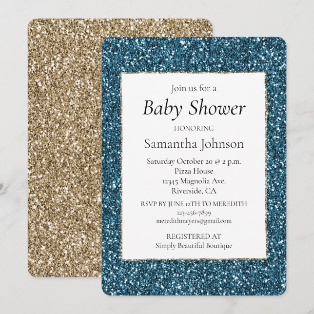 Teal Blue Turquoise Glitter Baby Shower Invitation (Front/Back)
