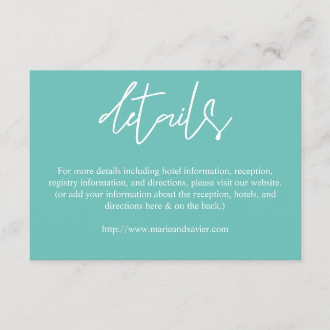 Teal Blue Typography Script Details Enclosure Card (Front)