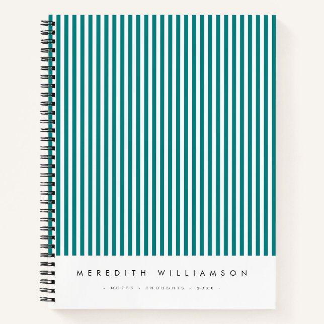 Teal Blue Vertical Stripe Personalized Notebook (Front)