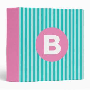 Teal Blue Vertical Striped Pink Circle Monogram Binder