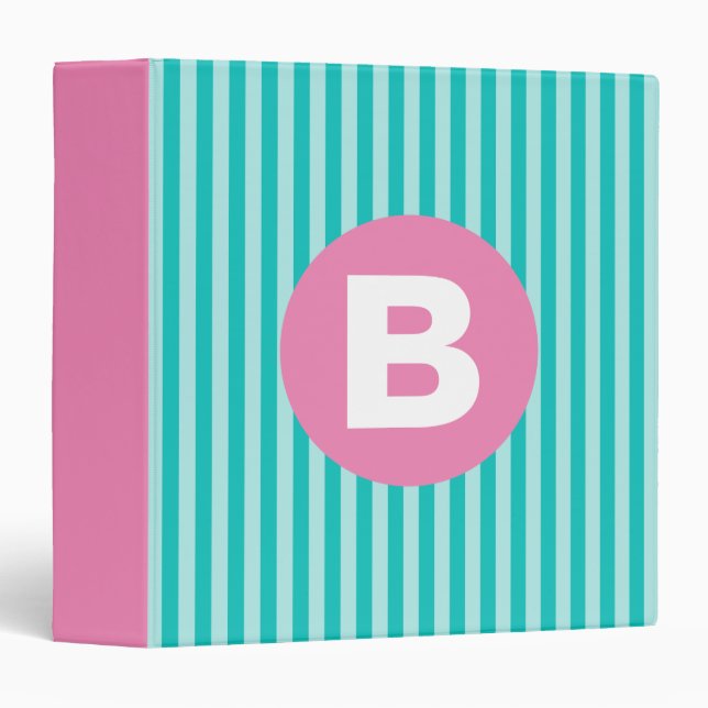 Teal Blue Vertical Striped Pink Circle Monogram Binder (Front/Spine)