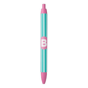 Teal Blue Vertical Striped Pink Circle Monogram Black Ink Pen