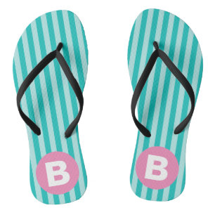 Teal Blue Vertical Striped Pink Circle Monogram Flip Flops
