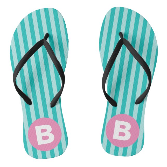 Teal Blue Vertical Striped Pink Circle Monogram Flip Flops (Footbed)