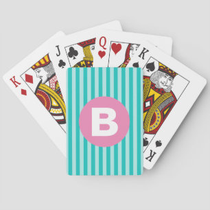 Teal Blue Vertical Striped Pink Circle Monogram Playing Cards