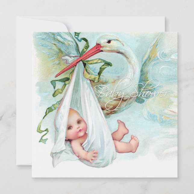 Teal Blue Vintage Stork Baby Shower Invitation (Front)