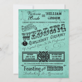 Teal Blue Vintage Typography Wedding Invitation