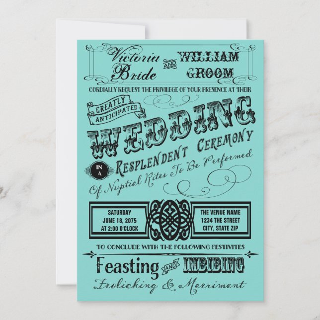 Teal Blue Vintage Typography Wedding Invitation (Front)