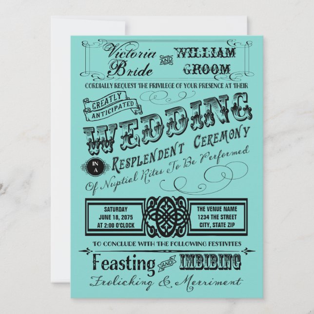 Teal Blue Vintage Typography Wedding Invitation (Front)