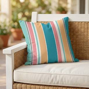 Teal Blue Warm Yellow Coral Red Grey White Stripes Outdoor Pillow
