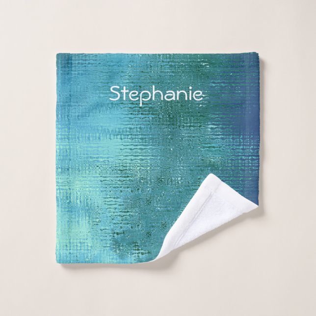 Teal Blue Water Abstract Shiny Monogrammed Name Wash Cloth (Wash Cloth)