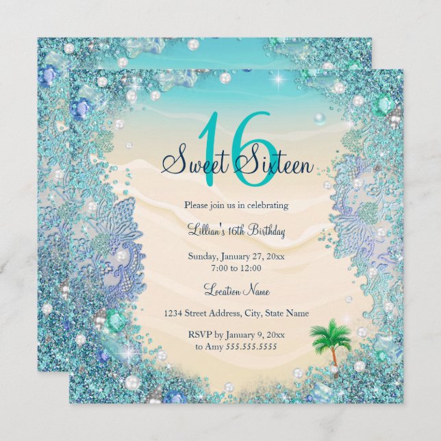 Teal Blue Water Ocean Sand Pearls Sweet 16 Party Invitation (Front/Back)