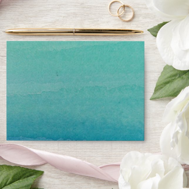 Teal blue watercolor beach wedding theme envelopes (Wedding)
