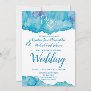 Teal Blue Watercolor Double Hearts Wedding Invitation