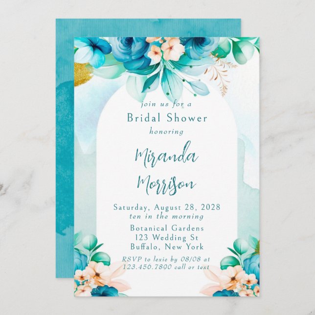 Teal Blue Watercolor Floral Arch Bridal Shower Invitation (Front/Back)
