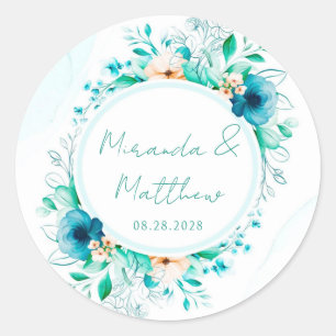 Teal Blue Watercolor Floral Geometric Wedding Classic Round Sticker