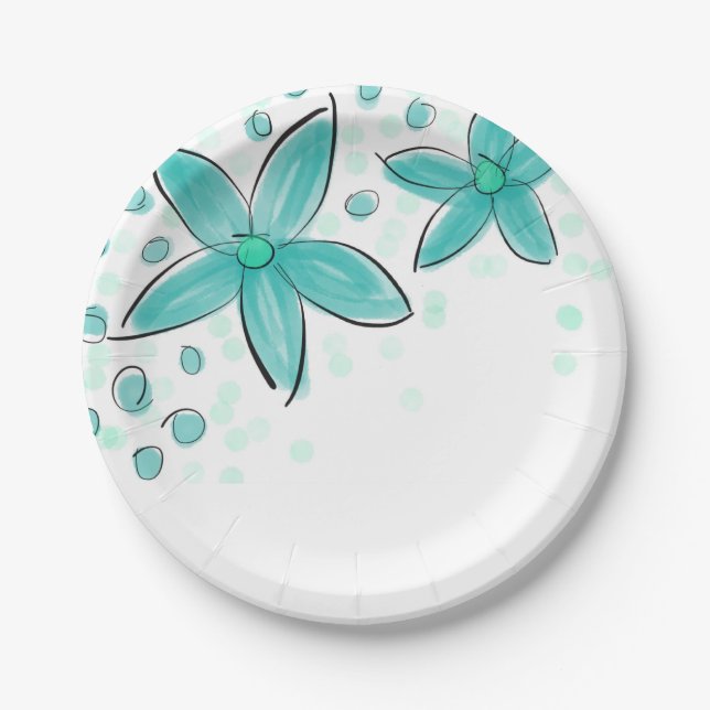 Teal Blue Watercolor Floral Pattern Paper Plate (Front)
