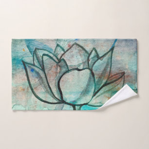 Teal Blue Watercolor Flower Elegant Artsy Lotus Hand Towel