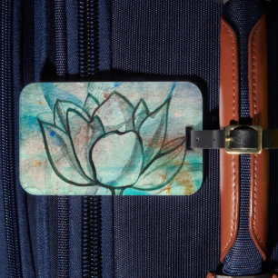 Teal Blue Watercolor Flower Elegant Artsy Lotus Luggage Tag