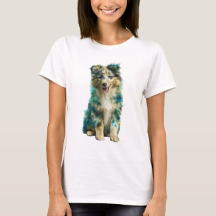 Teal Blue Watercolor Furry Puppy Dog Women T-Shirt