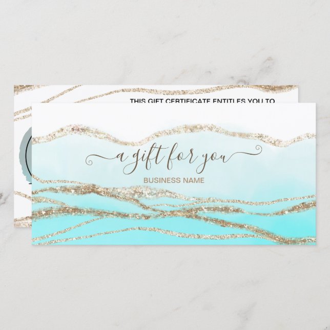 Teal blue watercolor gold logo gift certificate (Front/Back)