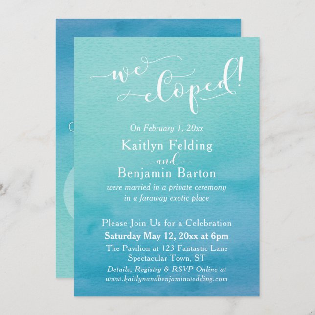 Teal Blue Watercolor Ombre We Eloped Reception Invitation (Front/Back)