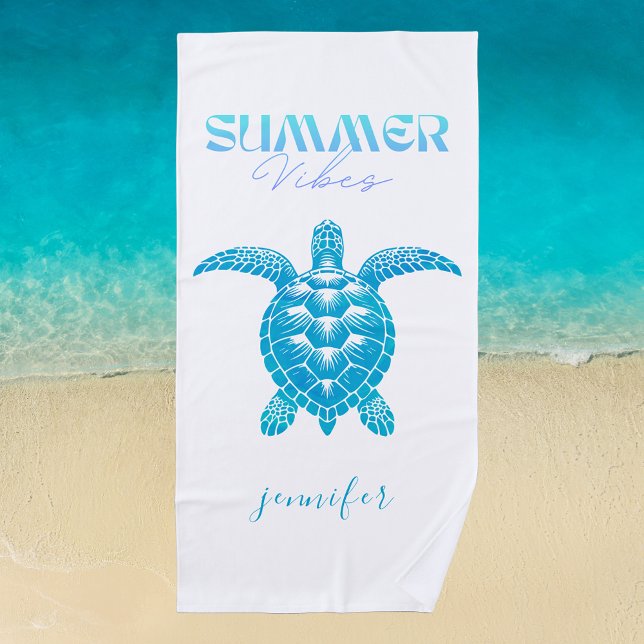 Teal Blue Watercolor Sea Turtle Personalized  Beach Towel (Creator Uploaded)
