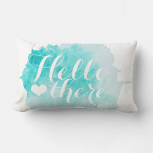 Teal Blue Watercolor Splatter Hello There Custom Lumbar Pillow
