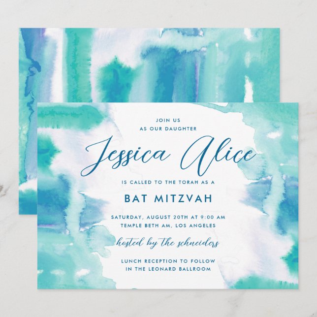 Teal Blue Watercolor Tie Dye Bat Mitzvah Invitation (Front/Back)