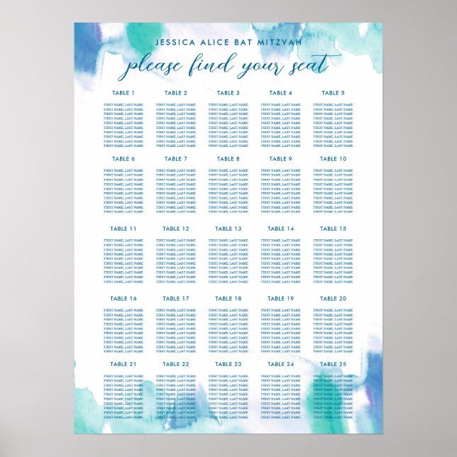 Teal Blue Watercolor Tie Dye Bat Mitzvah Seating Poster (Front)