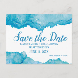 Teal Blue Watercolor Wedding Save the Date Postcard