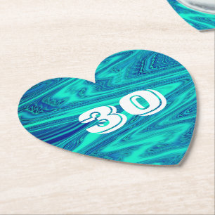 Teal Blue Waves Abstract 30th Birthday Custom Age Paper Coaster