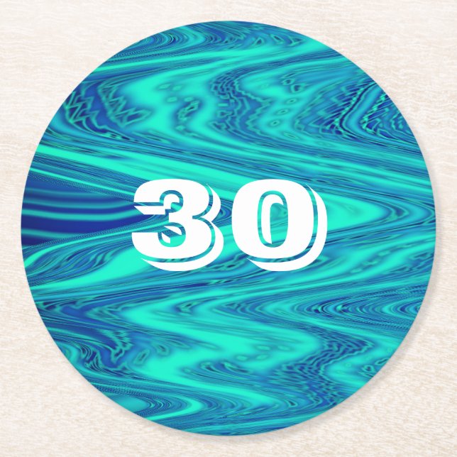 Teal Blue Waves Abstract 30th Birthday Custom Age Round Paper Coaster (Front)
