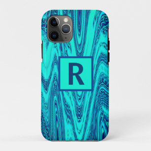 Teal Blue Wavy Abstract Patterns Monogram Initials iPhone 11 Pro Case